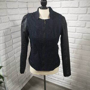 NWT Lavena Fashion Ladies Size Medium Jean Jacket w/ Faux Leather Sleeves & Trim